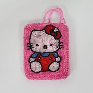 Hello Kitty Beaded Coin Purse Wristlet Pink Red Bow Pouch